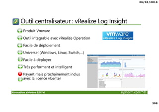 06/03/2016
308
Formation VMware ESXi 6 alphorm.com™©
Outil centralisateur : vRealize Log Insight
• Produit Vmware
• Outil intégrable avec vRealize Operation
• Facile de déploiement
• Universel (Windows, Linux, Switch,…)
• Facile à déployer
• Très performant et intelligent
• Payant mais prochainement inclus
avec la licence vCenter
 