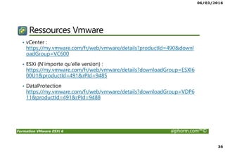 06/03/2016
36
Formation VMware ESXi 6 alphorm.com™©
Ressources Vmware
• vCenter :
https://my.vmware.com/fr/web/vmware/details?productId=490&downl
oadGroup=VC600
• ESXi (N’importe qu’elle version) :
https://my.vmware.com/fr/web/vmware/details?downloadGroup=ESXI6
00U1&productId=491&rPId=9485
• DataProtection
https://my.vmware.com/fr/web/vmware/details?downloadGroup=VDP6
11&productId=491&rPId=9488
 