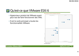 06/03/2016
4
Formation VMware ESXi 6 alphorm.com™©
Qu’est-ce que VMware ESXi 6
• Hyperviseur produit de VMware ayant
pour but de faire fonctionner des VMs.
• Il est le socle principal a toutes les
fonctionnalités VMware
 