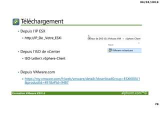 06/03/2016
78
Formation VMware ESXi 6 alphorm.com™©
Téléchargement
• Depuis l’IP ESX
http://IP_De _Votre_ESXi
• Depuis l’ISO de vCenter
ISO-Letter: vSphere-Client
• Depuis VMware.com
https://my.vmware.com/fr/web/vmware/details?downloadGroup=ESXI600U1
&productId=491&rPId=9487
 