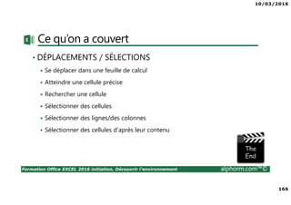10/03/2016
166
Formation Office EXCEL 2016 initiation, Découvrir l'environnement alphorm.com™©
Ce qu’on a couvert
• DÉPLACEMENTS / SÉLECTIONS
Se déplacer dans une feuille de calcul
Atteindre une cellule précise
Rechercher une cellule
Sélectionner des cellules
Sélectionner des lignes/des colonnes
Sélectionner des cellules d’après leur contenu
 