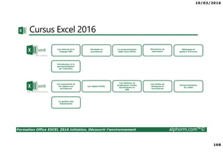 10/03/2016
168
Formation Office EXCEL 2016 initiation, Découvrir l'environnement alphorm.com™©
Cursus Excel 2016
Les macros et le
langage VBA
Variables et
procédures
Les arguments et
les appels aux
procédures
Les objets EXCEL
Structures et
opérateurs
Débogage et
gestion d'erreurs
La programmation
objet sous EXCEL
Les tableaux et
graphiques croisés
dynamiques en
VBA
Introduction à la
personnalisation
de l'interface
Les boîtes de
dialogues et
formulaires
Personnalisation
du ruban
La gestion des
événements
 