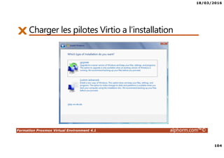 18/03/2016
6
Formation Proxmox Virtual Environment 4.1 alphorm.com™©
Le plan de formation
• Vue d'ensemble de Proxmox VE
• Présentation de ProxmoxVE 4.1
• Installation de ProxmoxVE
• Découverte de l'interface d'administration
• Les technos de virtualisation
• les machines virtuelles
• Les containers
• Kernelbased Virtual machine – KVM
• LXC - Linux containers
• Les machines virtuelles sous Proxmox
• Ma premiere machine virtuelle
• Les templates lxc
• Déploiement du container LXC
• Gérer les machines virtuelles
• Booster la VM
• Démarrer, arrêter, suspendre les Vms
• Les snapshots
• Clonage et modèles
• Le modèle réseau
• Introduction au réseau Proxmox
• Comprendre les pont réseau – Bridge
• Comprendre l'agrégation de lien
• Le modèle de stockage
• introduction au stockage avec Proxmox
• Le LVM Logical Volume Manager
• Le ZFS
• Le NAS – NFS
• Le SAN – ISCSI
• Les FS distribues - Glusterfs
• Les FS distribues – ceph
• Cluster Proxmox
• Un peu de théorie
• Installation d'un cluster et ajout et suppression de
nœuds
• Migration des machines virtuelles
• Haute disponibilité
• Mise en place de la HA
• Gestion des utilisateurs
• Privilèges, rôles et permissions
 