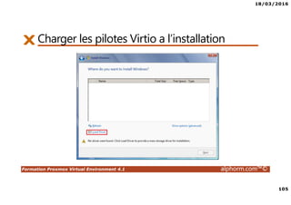 18/03/2016
105
Formation Proxmox Virtual Environment 4.1 alphorm.com™©
Charger les pilotes Virtio a l’installation
 