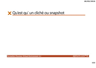 18/03/2016
122
Formation Proxmox Virtual Environment 4.1 alphorm.com™©
Qu’est qu’ un cliché ou snapshot
 