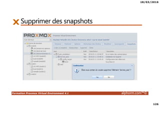 18/03/2016
126
Formation Proxmox Virtual Environment 4.1 alphorm.com™©
Supprimer des snapshots
 