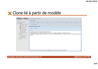 18/03/2016
136
Formation Proxmox Virtual Environment 4.1 alphorm.com™©
Clone lié à partir de modèle
 