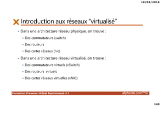 18/03/2016
8
Formation Proxmox Virtual Environment 4.1 alphorm.com™©
Objectifs de la formation
• Déployer et configurer un serveur Proxmox
• Créer, administrer et déplacer les machines virtuelles
• Comprendre, configurer et gérer les aspects réseau et stockage partagés
• Créer un cluster Proxmox
• Optimiser la disponibilité de l’infrastructure avec la HA
• Gérer les accès utilisateurs
 