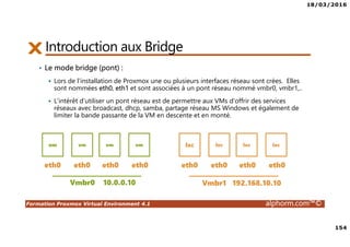 18/03/2016
154
Formation Proxmox Virtual Environment 4.1 alphorm.com™©
Introduction aux Bridge
• Le mode bridge (pont) :
Lors de l'installation de Proxmox une ou plusieurs interfaces réseau sont crées. Elles
sont nommées eth0, eth1 et sont associées à un pont réseau nommé vmbr0, vmbr1,..
L'intérêt d'utiliser un pont réseau est de permettre aux VMs d'offrir des services
réseaux avec broadcast, dhcp, samba, partage réseau MS Windows et également de
limiter la bande passante de la VM en descente et en monté.
Vmbr0 10.0.0.10
vm vm vm vm
eth0 eth0 eth0 eth0
Vmbr1 192.168.10.10
lxc lxc lxc lxc
eth0 eth0 eth0 eth0
 