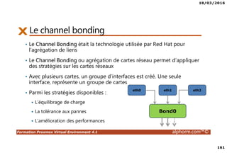 18/03/2016
161
Formation Proxmox Virtual Environment 4.1 alphorm.com™©
Le channel bonding
• Le Channel Bonding était la technologie utilisée par Red Hat pour
l’agrégation de liens
• Le Channel Bonding ou agrégation de cartes réseau permet d’appliquer
des stratégies sur les cartes réseaux
• Avec plusieurs cartes, un groupe d’interfaces est créé. Une seule
interface, représente un groupe de cartes
• Parmi les stratégies disponibles :
L’équilibrage de charge
La tolérance aux pannes
L’amélioration des performances
eth0 eth1 eth2
Bond0
 