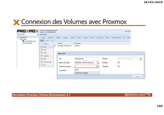 18/03/2016
190
Formation Proxmox Virtual Environment 4.1 alphorm.com™©
Connexion des Volumes avec Proxmox
 