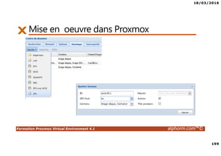 18/03/2016
199
Formation Proxmox Virtual Environment 4.1 alphorm.com™©
Mise en oeuvre dans Proxmox
 