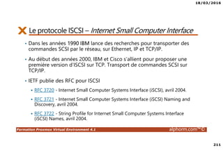 18/03/2016
211
Formation Proxmox Virtual Environment 4.1 alphorm.com™©
Le protocole ISCSI – Internet Small Computer Interface
• Dans les années 1990 IBM lance des recherches pour transporter des
commandes SCSI par le réseau, sur Ethernet, IP et TCP/IP.
• Au début des années 2000, IBM et Cisco s’allient pour proposer une
première version d’ISCSI sur TCP. Transport de commandes SCSI sur
TCP/IP.
• IETF publie des RFC pour ISCSI
RFC 3720 - Internet Small Computer Systems Interface (iSCSI), avril 2004.
RFC 3721 - Internet Small Computer Systems Interface (iSCSI) Naming and
Discovery, avril 2004.
RFC 3722 - String Profile for Internet Small Computer Systems Interface
(iSCSI) Names, avril 2004.
 