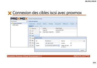 18/03/2016
221
Formation Proxmox Virtual Environment 4.1 alphorm.com™©
Connexion des cibles iscsi avec proxmox
 