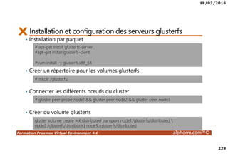 18/03/2016
229
Formation Proxmox Virtual Environment 4.1 alphorm.com™©
Installation et configuration des serveurs glusterfs
• Installation par paquet
• Créer un répertoire pour les volumes glusterfs
• Connecter les différents nœuds du cluster
• Créer du volume glusterfs
# apt-get install glusterfs-server
#apt-get install glusterfs-client
#yum install –y glusterfs.x86_64
# mkdir /glusterfs/
# gluster peer probe node1 && gluster peer node2 && gluster peer node3
gluster volume create vol_distributed transport node1:/glusterfs/distributed 
node2:/glusterfs/distributed node3:/glusterfs/distributed
 