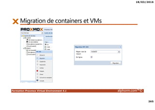 18/03/2016
265
Formation Proxmox Virtual Environment 4.1 alphorm.com™©
Migration de containers et VMs
 