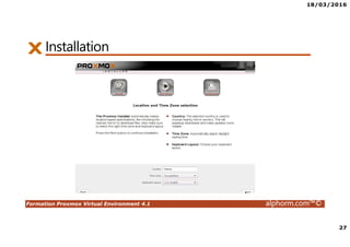 18/03/2016
3
Formation Proxmox Virtual Environment 4.1 alphorm.com™©
Présentation du formateur
• Ludovic QUENEC’HDU
• lquenec@alphorm.com
• Consultant et expert en Open source, logiciel libre et virtualisation
• Mission de conseil, d’architecture, d’administration, de migration et de
formation
• Mes références :
Mon profil LinkedIn : https://fr.linkedin.com/pub/ludovic-quenec-hdu/47/6bb/550
Mon profil Alphorm : http://www.alphorm.com/formateur/ludovic-quenechdu
 