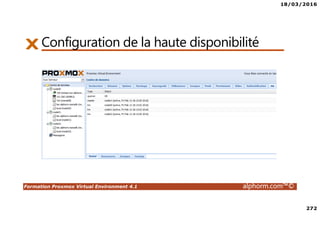 18/03/2016
11
Formation Proxmox Virtual Environment 4.1 alphorm.com™©
Site : http://www.alphorm.com
Blog : http://blog.alphorm.com
Ludovic Quenec'hdu
Formateur et Consultant indépendant
OpenSource et virtualisation
Présentation
de Proxmox VE 4.1
Vue d'ensemble de Proxmox VE
 
