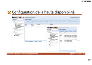 18/03/2016
274
Formation Proxmox Virtual Environment 4.1 alphorm.com™©
Configuration de la haute disponibilité
 