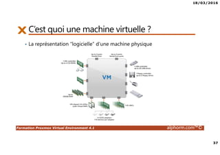 18/03/2016
37
Formation Proxmox Virtual Environment 4.1 alphorm.com™©
C’est quoi une machine virtuelle ?
• La représentation “logicielle” d’une machine physique
 