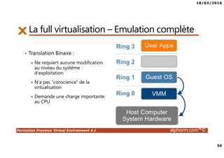 18/03/2016
39
Formation Proxmox Virtual Environment 4.1 alphorm.com™©
La full virtualisation – Émulation complète
• Translation Binaire :
Ne requiert aucune modification
au niveau du système
d'exploitation
N'a pas "conscience" de la
virtualisation
Demande une charge importante
au CPU
 