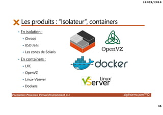 18/03/2016
46
Formation Proxmox Virtual Environment 4.1 alphorm.com™©
Les produits : “Isolateur”, containers
• En isolation :
Chroot
BSD Jails
Les zones de Solaris
• En containers :
LXC
OpenVZ
Linux-Vserver
Dockers
 