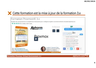 18/03/2016
5
Formation Proxmox Virtual Environment 4.1 alphorm.com™©
Cette formation est la mise à jour de la formation 3.x
 