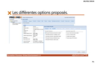 18/03/2016
71
Formation Proxmox Virtual Environment 4.1 alphorm.com™©
Les différentes options proposés.
 