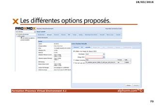 18/03/2016
73
Formation Proxmox Virtual Environment 4.1 alphorm.com™©
Les différentes options proposés.
 