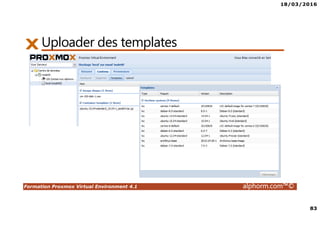 18/03/2016
83
Formation Proxmox Virtual Environment 4.1 alphorm.com™©
Uploader des templates
 