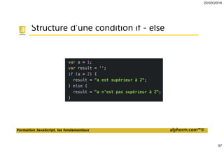 22/03/2016
57
Formation JavaScript, les fondamentaux alphorm.com™©
Structure d’une condition if - else
 