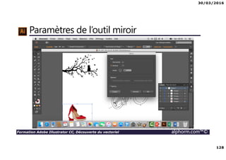 30/03/2016
128
Formation Adobe Illustrator CC, Découverte du vectoriel alphorm.com™©
Paramètres de l’outil miroir
 