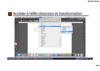 30/03/2016
134
Formation Adobe Illustrator CC, Découverte du vectoriel alphorm.com™©
Accéder à l’effet distorsion et transformation
 