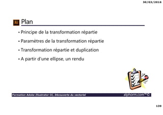30/03/2016
139
Formation Adobe Illustrator CC, Découverte du vectoriel alphorm.com™©
Plan
• Principe de la transformation répartie
• Paramètres de la transformation répartie
• Transformation répartie et duplication
• A partir d’une ellipse, un rendu
 
