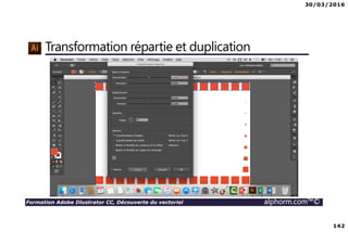 30/03/2016
142
Formation Adobe Illustrator CC, Découverte du vectoriel alphorm.com™©
Transformation répartie et duplication
 