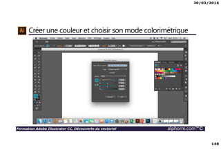 30/03/2016
148
Formation Adobe Illustrator CC, Découverte du vectoriel alphorm.com™©
Créer une couleur et choisir son mode colorimétrique
 