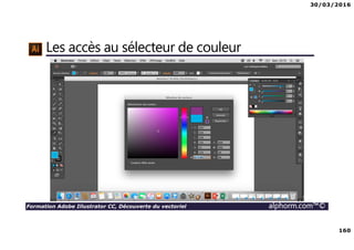 30/03/2016
160
Formation Adobe Illustrator CC, Découverte du vectoriel alphorm.com™©
Les accès au sélecteur de couleur
 