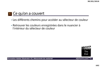 30/03/2016
162
Formation Adobe Illustrator CC, Découverte du vectoriel alphorm.com™©
Ce qu’on a couvert
• Les différents chemins pour accéder au sélecteur de couleur
• Retrouver les couleurs enregistrées dans le nuancier à
l’intérieur du sélecteur de couleur
 