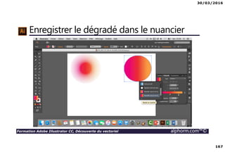 30/03/2016
167
Formation Adobe Illustrator CC, Découverte du vectoriel alphorm.com™©
Enregistrer le dégradé dans le nuancier
 