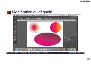 30/03/2016
168
Formation Adobe Illustrator CC, Découverte du vectoriel alphorm.com™©
Modification du dégradé
 