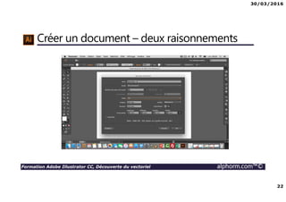 30/03/2016
22
Formation Adobe Illustrator CC, Découverte du vectoriel alphorm.com™©
Créer un document – deux raisonnements
 