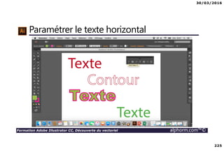 30/03/2016
225
Formation Adobe Illustrator CC, Découverte du vectoriel alphorm.com™©
Paramétrer le texte horizontal
 