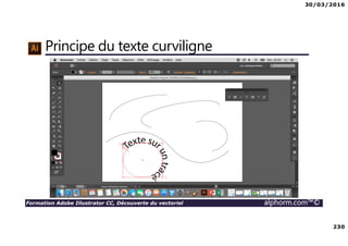 30/03/2016
230
Formation Adobe Illustrator CC, Découverte du vectoriel alphorm.com™©
Principe du texte curviligne
 