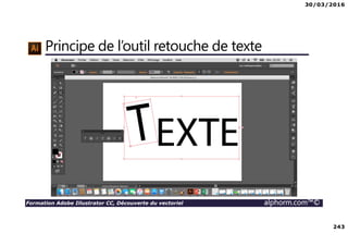 30/03/2016
243
Formation Adobe Illustrator CC, Découverte du vectoriel alphorm.com™©
Principe de l’outil retouche de texte
 