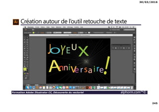 30/03/2016
245
Formation Adobe Illustrator CC, Découverte du vectoriel alphorm.com™©
Création autour de l’outil retouche de texte
 