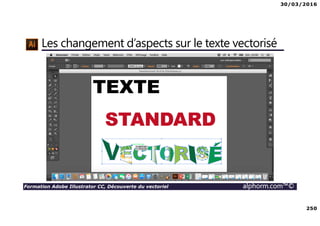 30/03/2016
250
Formation Adobe Illustrator CC, Découverte du vectoriel alphorm.com™©
Les changement d’aspects sur le texte vectorisé
 