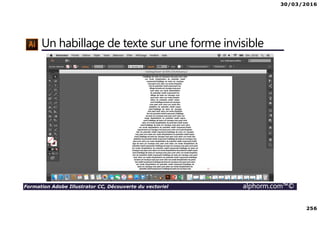 30/03/2016
256
Formation Adobe Illustrator CC, Découverte du vectoriel alphorm.com™©
Un habillage de texte sur une forme invisible
 