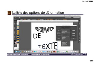 30/03/2016
261
Formation Adobe Illustrator CC, Découverte du vectoriel alphorm.com™©
La liste des options de déformation
 