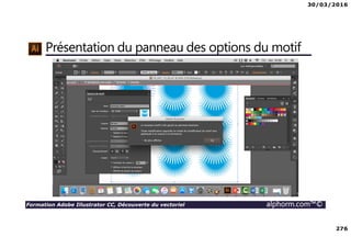 30/03/2016
276
Formation Adobe Illustrator CC, Découverte du vectoriel alphorm.com™©
Présentation du panneau des options du motif
 