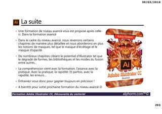 30/03/2016
293
Formation Adobe Illustrator CC, Découverte du vectoriel alphorm.com™©
La suite
• Une formation de niveau avancé vous est proposé après celle-
ci. Dans la formation avancé
• Dans le cadre du niveau avancé, nous reverrons certains
chapitres de manière plus détaillée et nous aborderons en plus
les notions de masques, tel que le masque d’écrêtage et le
masque d’opacité.
• De nombreux chapitres ciblant le potentiel d'Illustrator tel que
le dégradé de formes, les bibliothèques et les modes du fusion
entre autres…
• La compréhension vient avec la formation, l’aisance avec la
pratique. Avec la pratique, la rapidité. Et parfois, avec la
rapidité, les erreurs…
• Entrainez-vous donc pour gagner toujours en précision !
• A bientôt pour votre prochaine formation du niveau avancé ☺
 